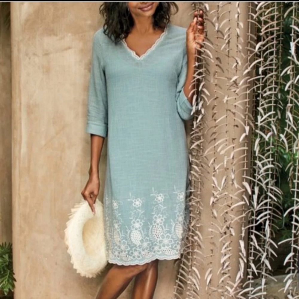 Soft Surroundings Pissarro Dress in Dusty Aqua Embroidered Trim V-Neck Dress